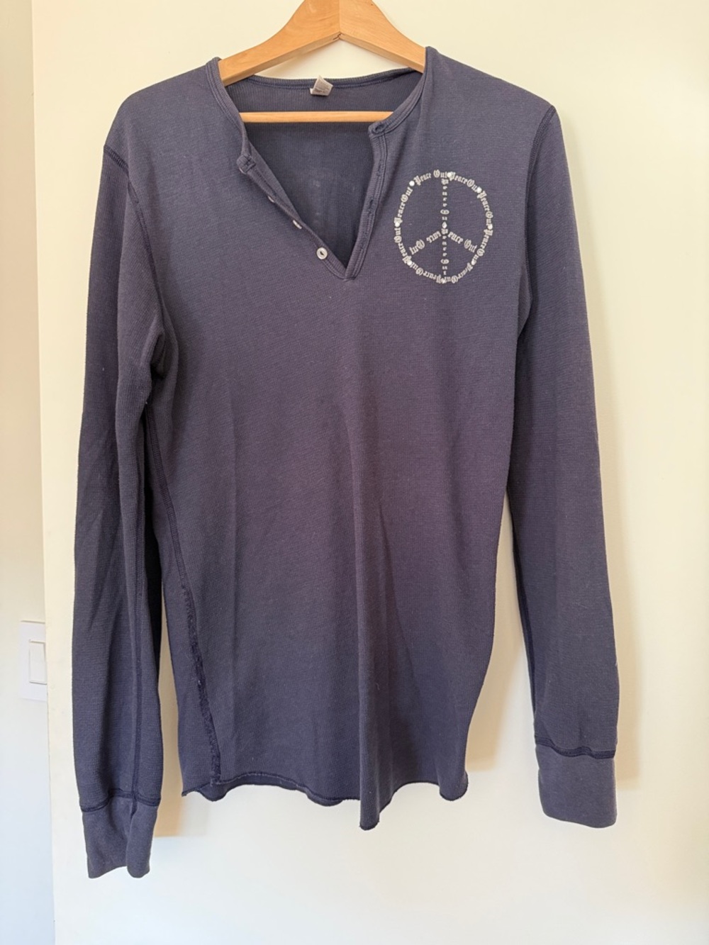 Navy Long Sleeve Henley with Peace Sign